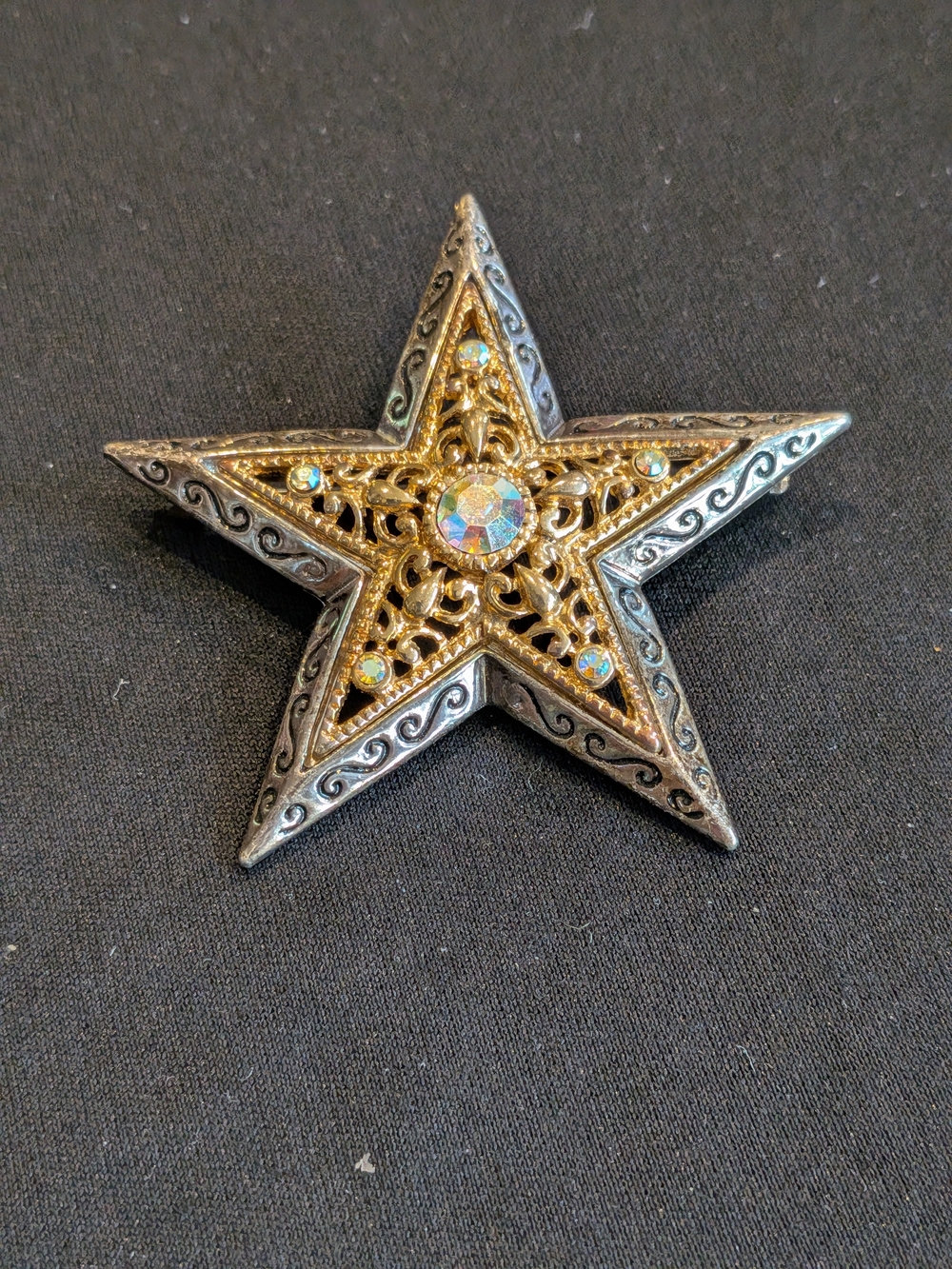 Vintage 1990s Ornate Star Filigree Brooch with Aurora Crystal